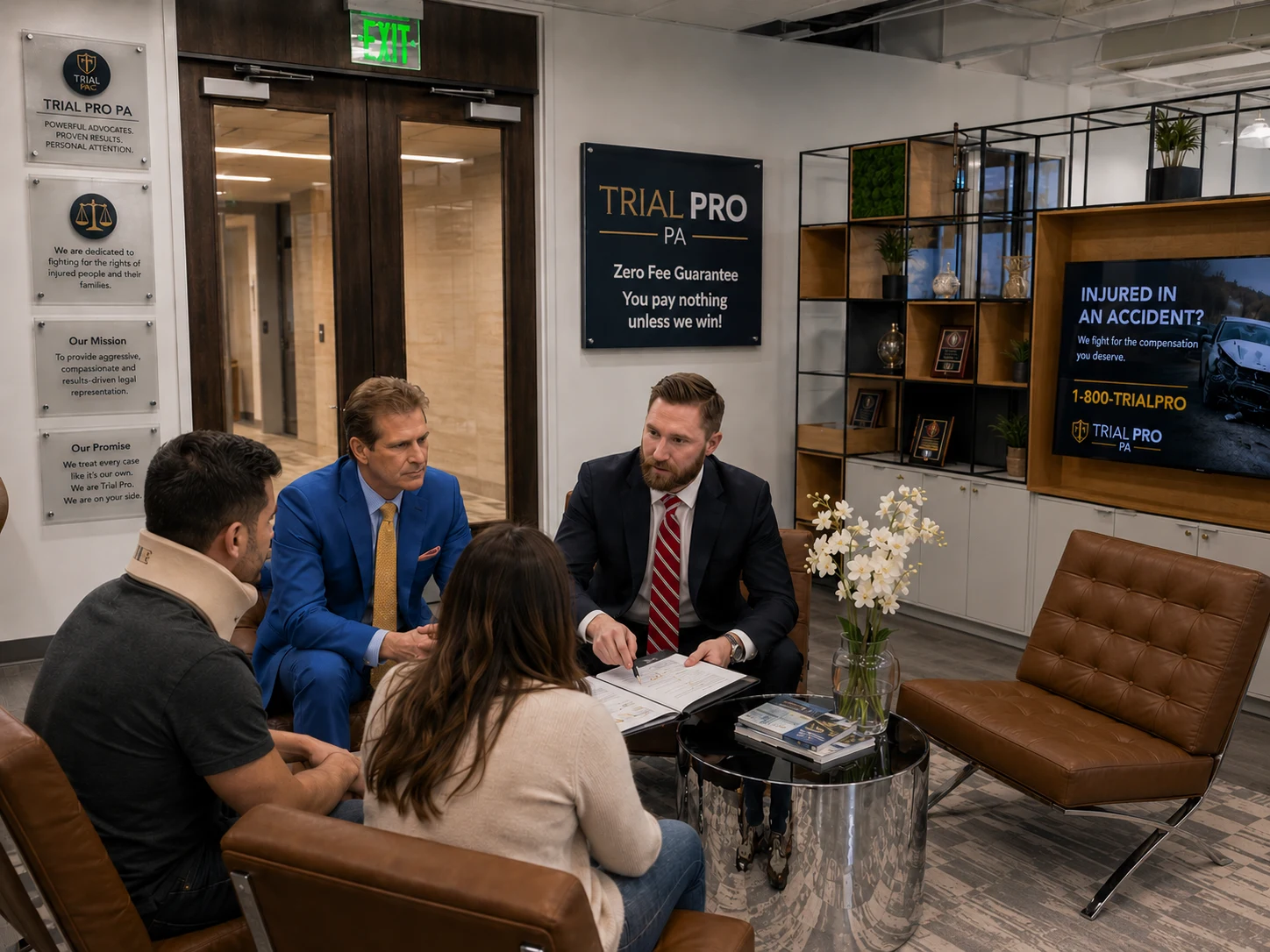 Consultation scene in the Trial Pro office with two attorneys and two seated visitors.