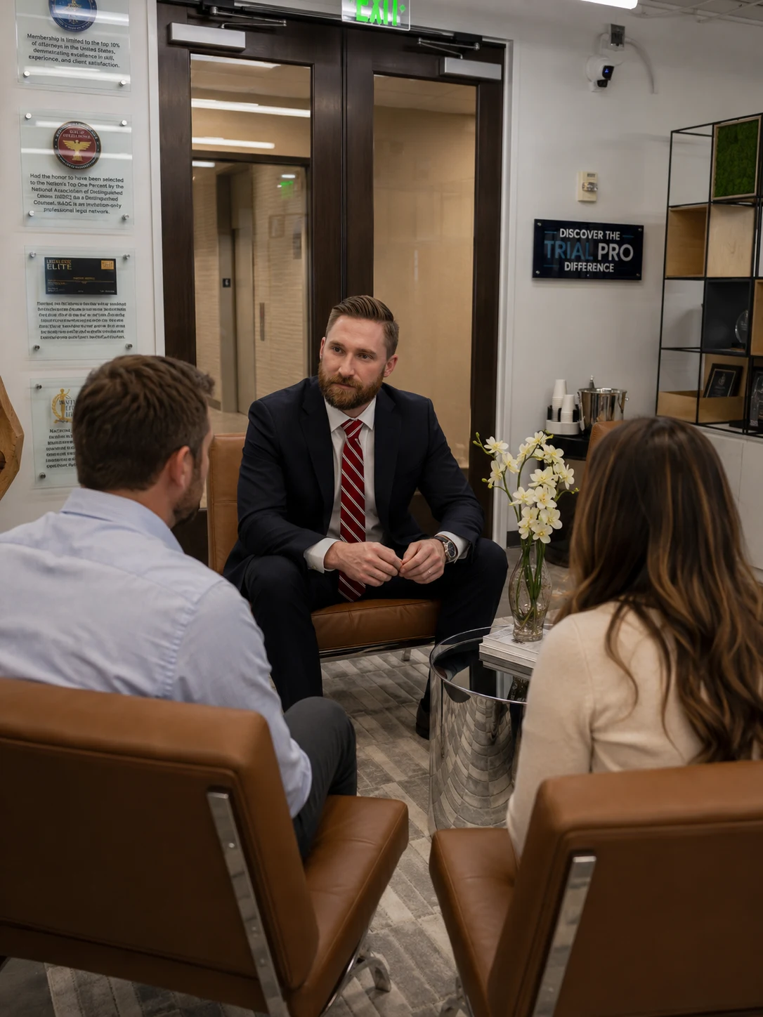 An attorney speaking with two seated visitors in the Trial Pro office.